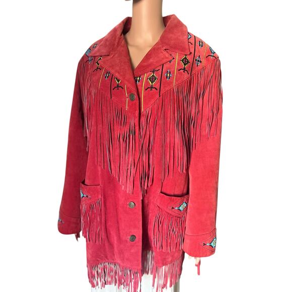 Lew Magram Suede Fringe JCK Women’s 1X Red Western Boho Embroidered Leather Coat - Picture 2 of 12